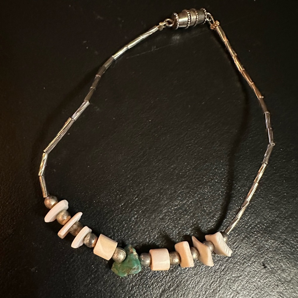 Vintage Silver, White Shell & Turquoise Bracelet